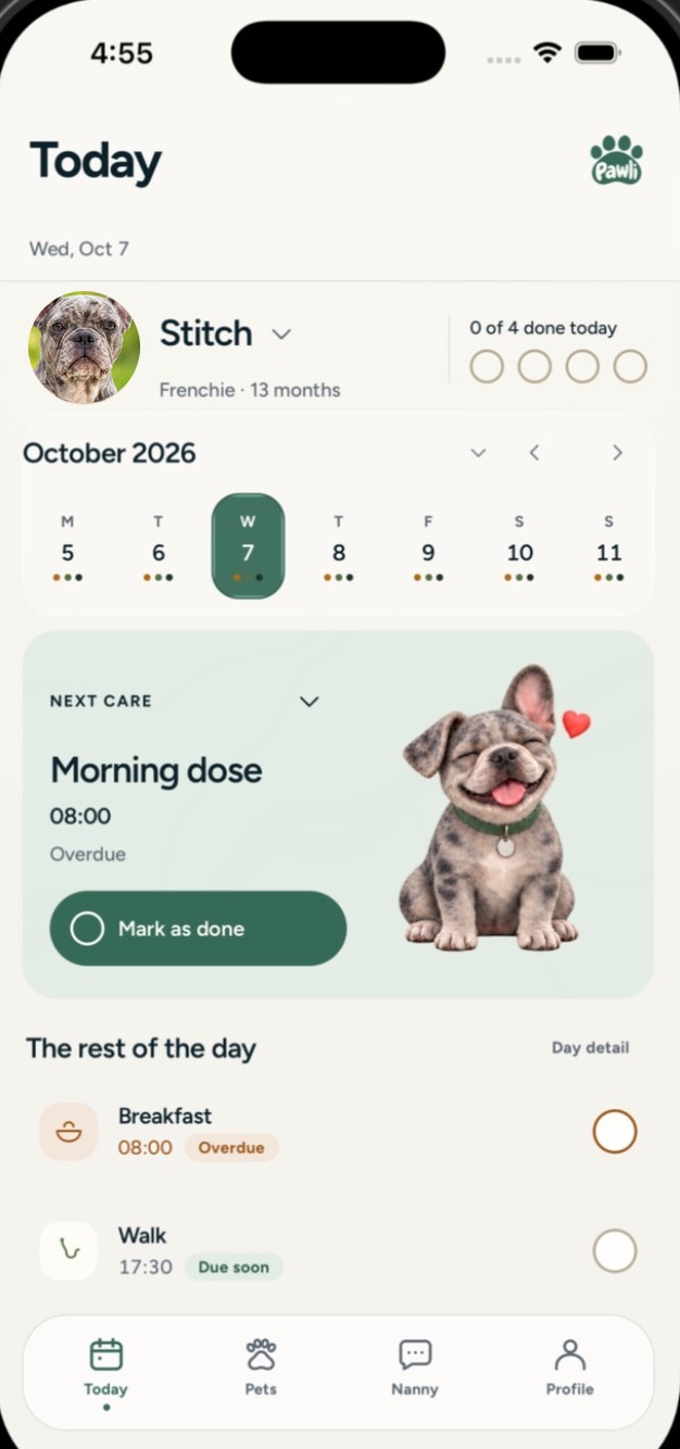 The Pawli Today screen showing Stitch's next care task